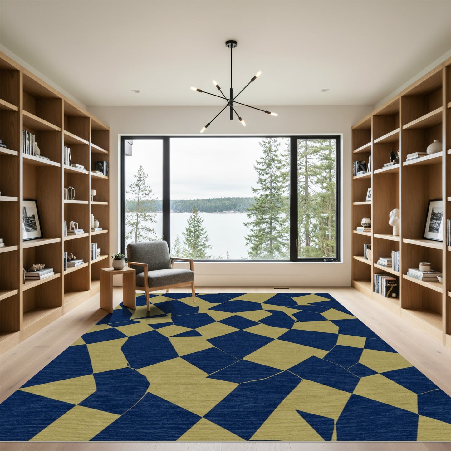 Distorted Navy and Gold Checkered Mosaic Rug