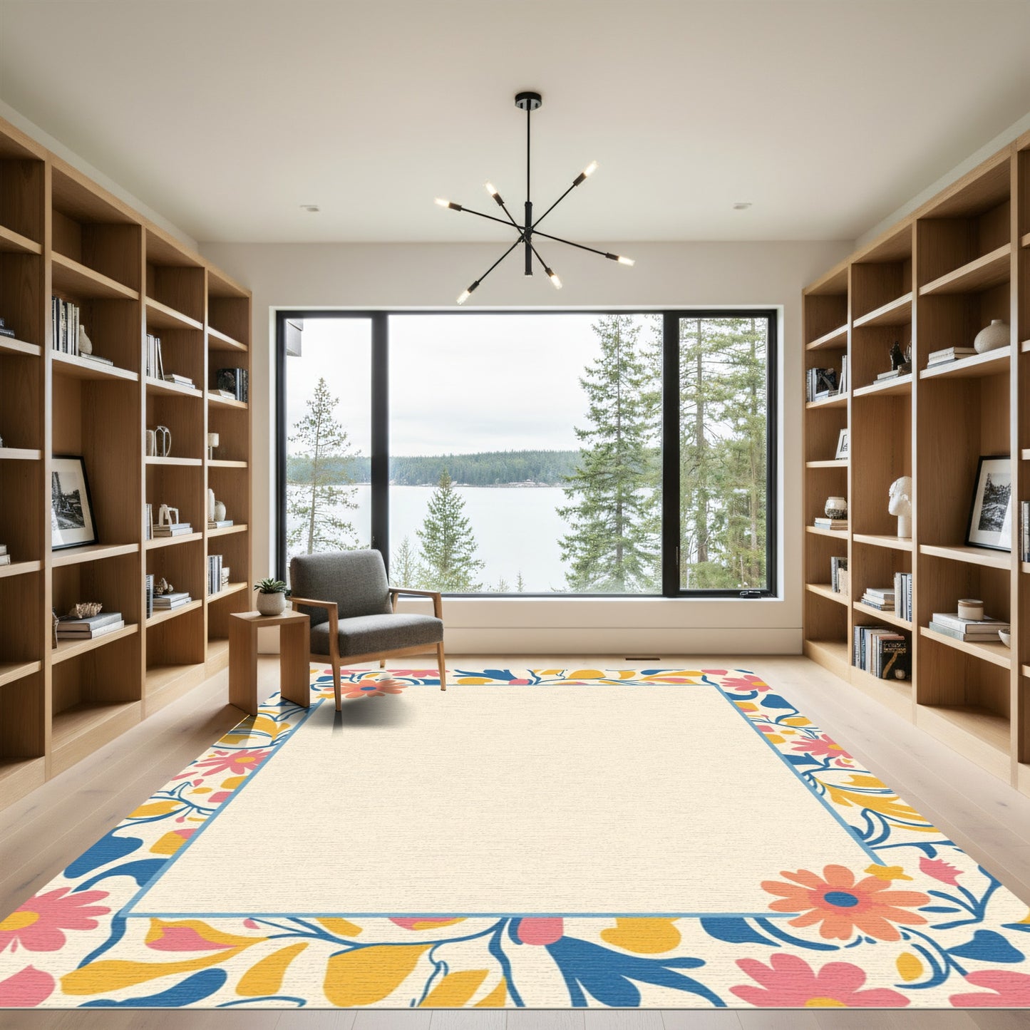 Retro Floral Pattern with Blue Border Rug