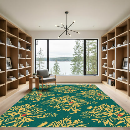 Golden Lion Medallion Teal Rug