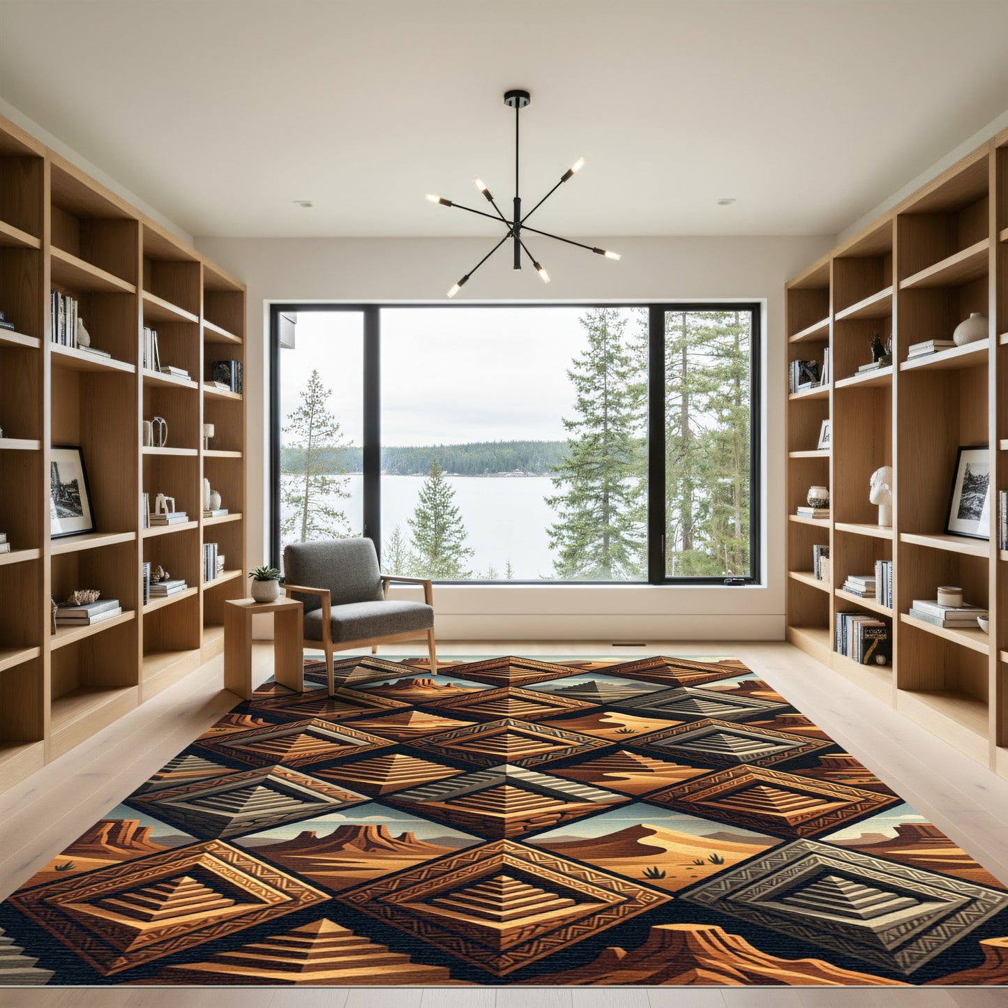 Earthy Terracotta Golden Aztec Diamond Pyramid Rug