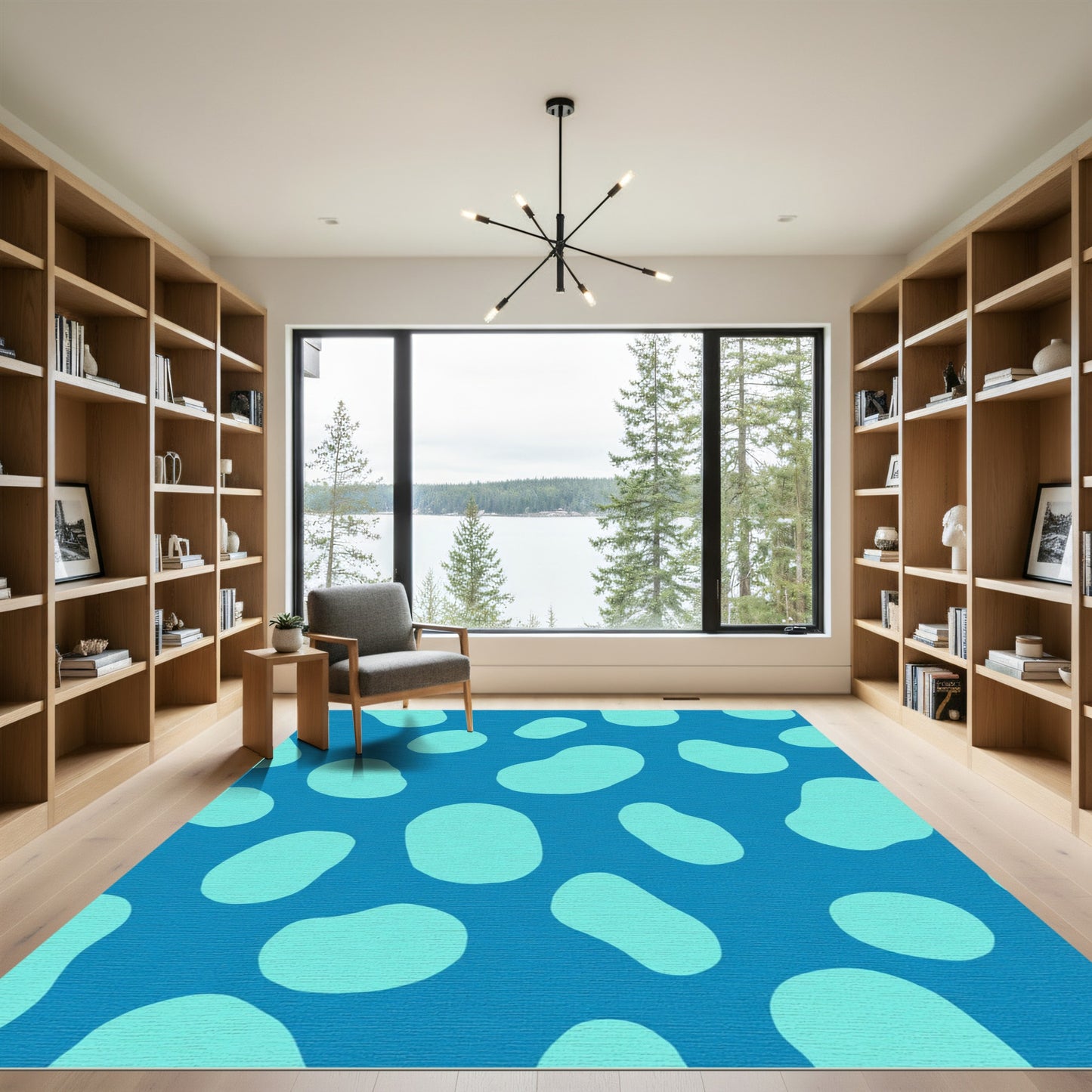Teal Irregular Shapes on Blue Rug