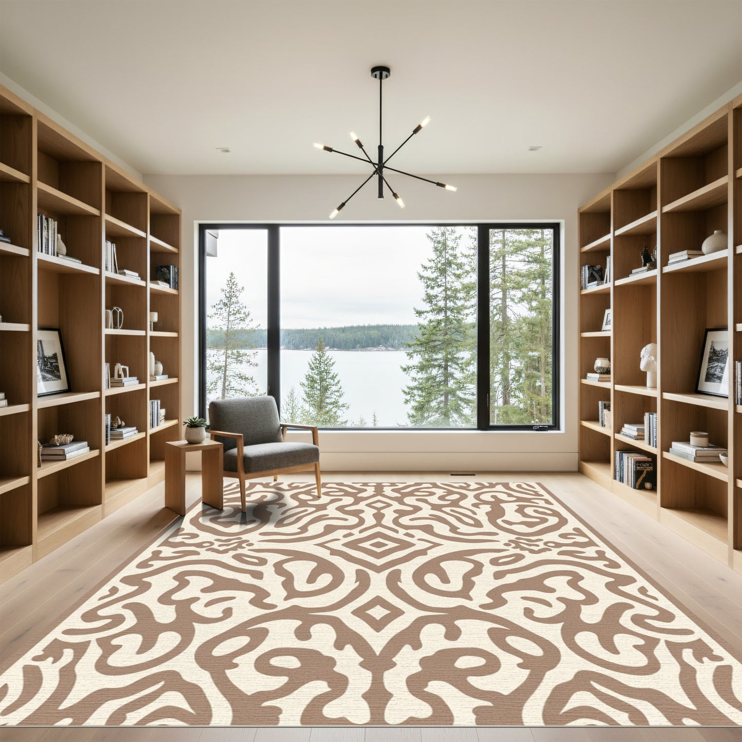 Cream Brown Damask Organic Motif Rug