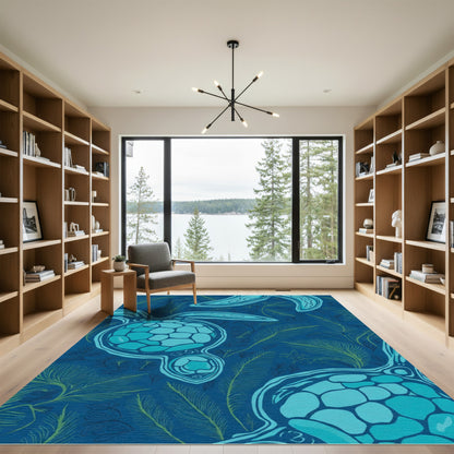 Oceanic Teal Sea Turtle Foliage Rug