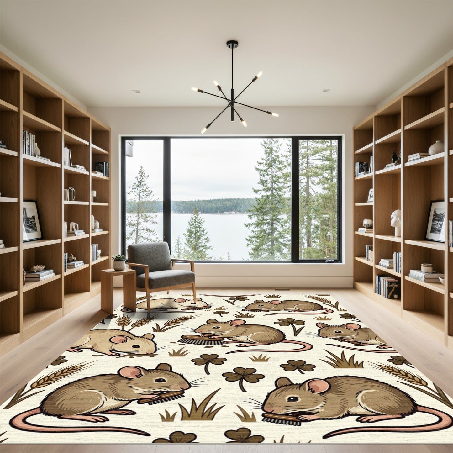 Whimsical Beige Mouse Wheat Clover Illustration Rug
