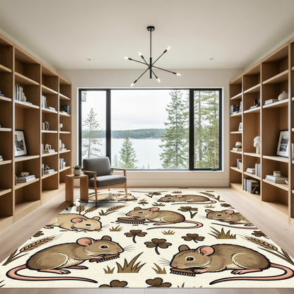 Whimsical Beige Mouse Wheat Clover Illustration Rug