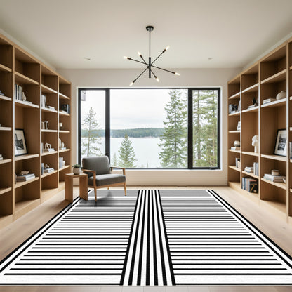 Bold Black White Linear Stripe Rug