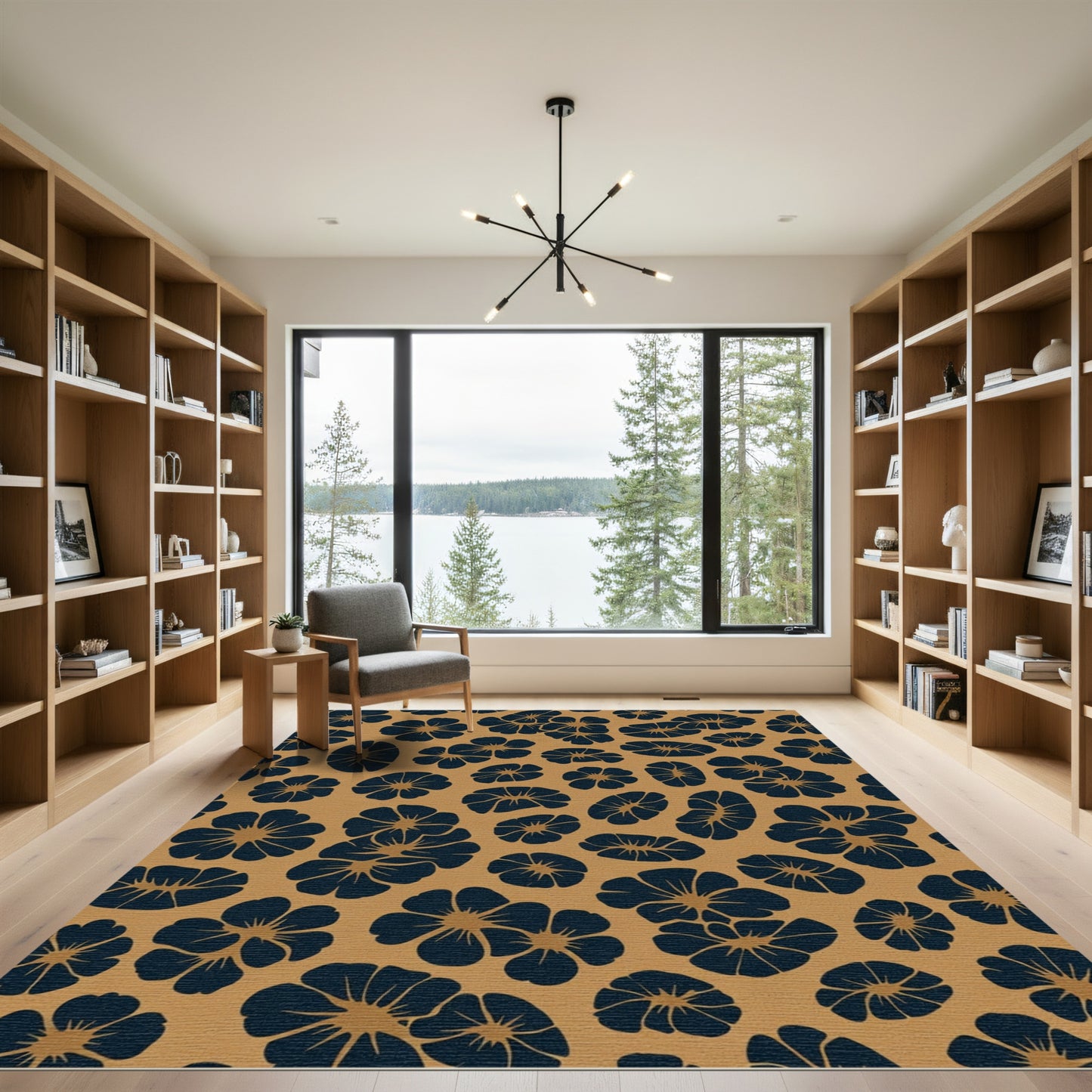 Navy Blue Blossom Clusters Soft Gold Rug