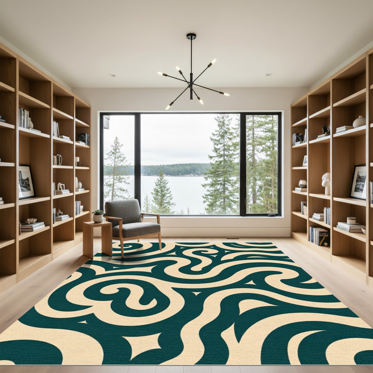 Dark Teal Cream Swirls and Curves Rug