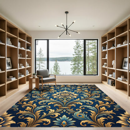 Elegant Golden Peacock Damask Navy Rug