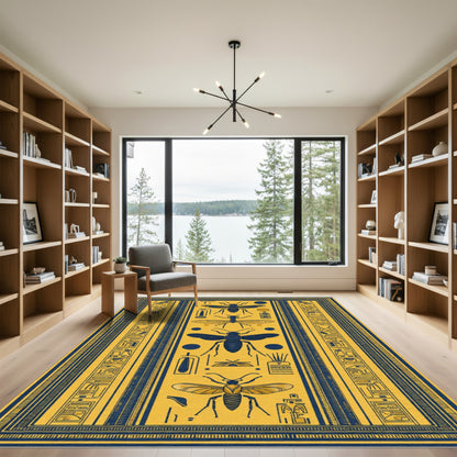 Golden Blue Ancient Insect Hieroglyphics Rug