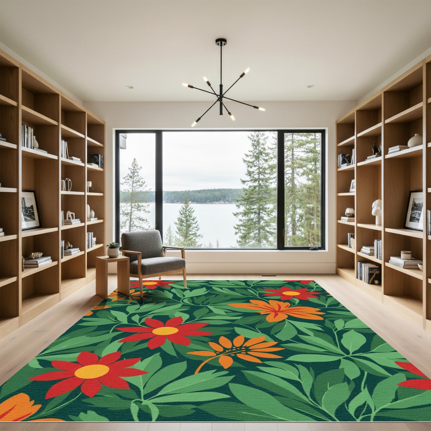 Vibrant Red Orange Floral Garden Rug