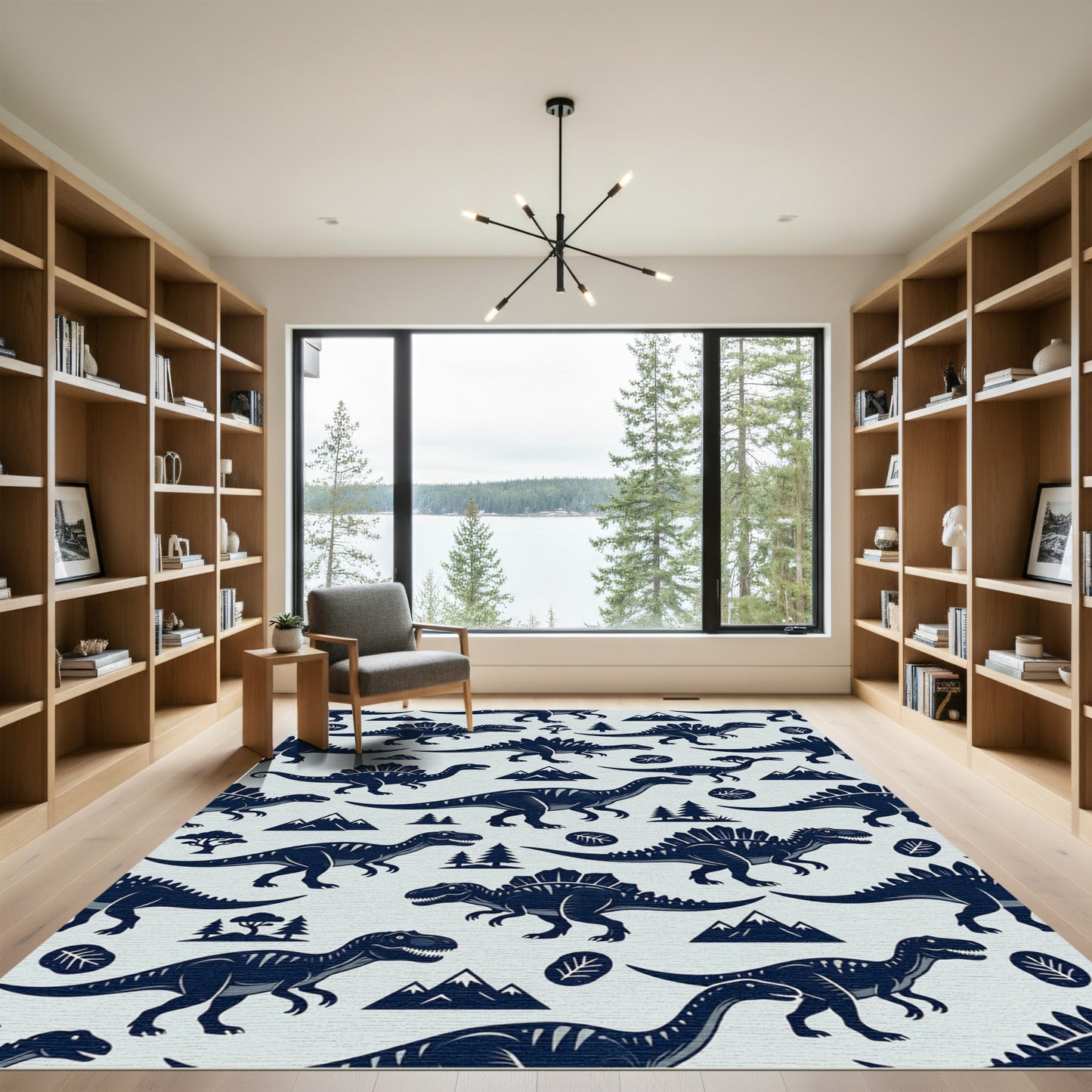 Stark Blue Navy Dinosaur Jurassic Landscape Rug