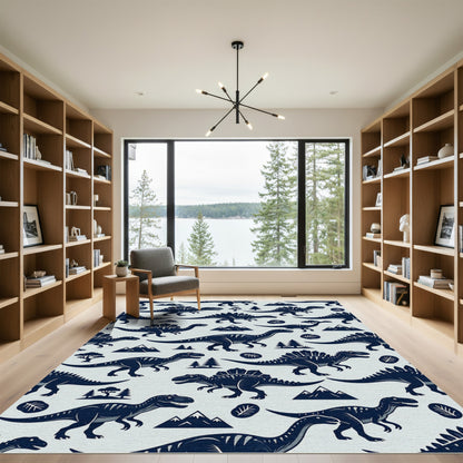 Stark Blue Navy Dinosaur Jurassic Landscape Rug