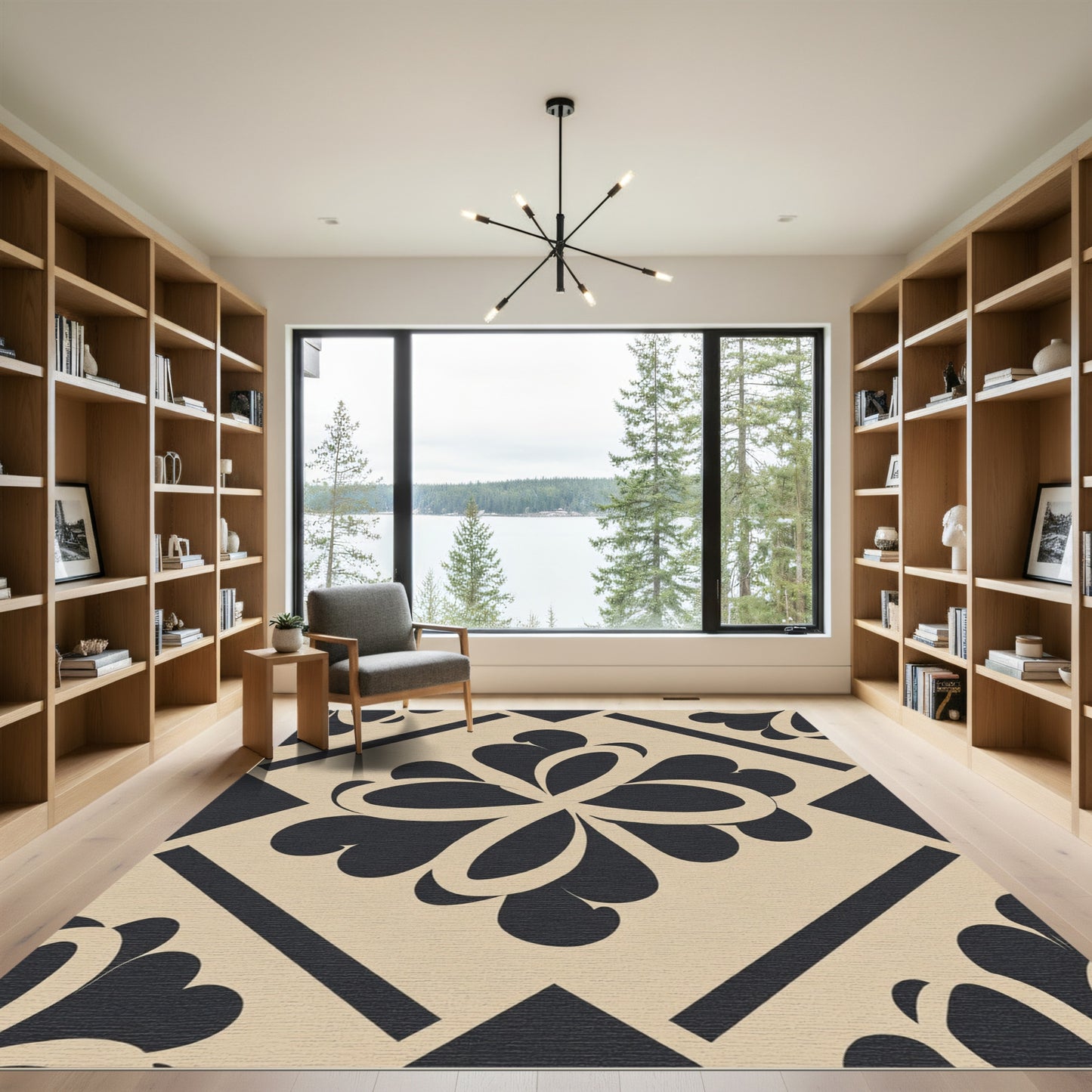 Bold Black Floral Diamond Tiling Rug