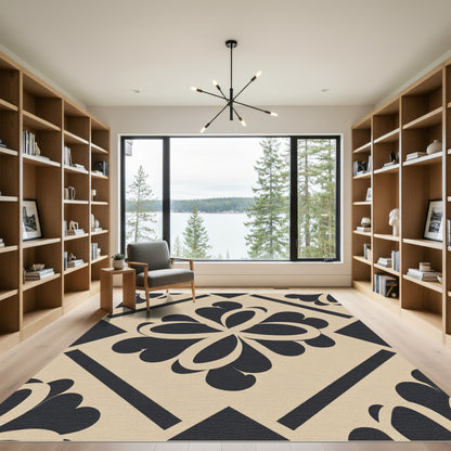 Bold Black Floral Diamond Tiling Rug