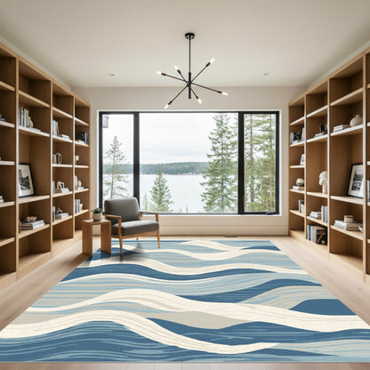 Blue Cream Abstract Wave Rug