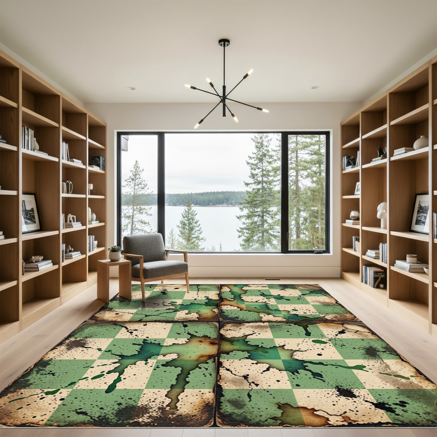 Distressed Sage Green Checkerboard Splatter Rug