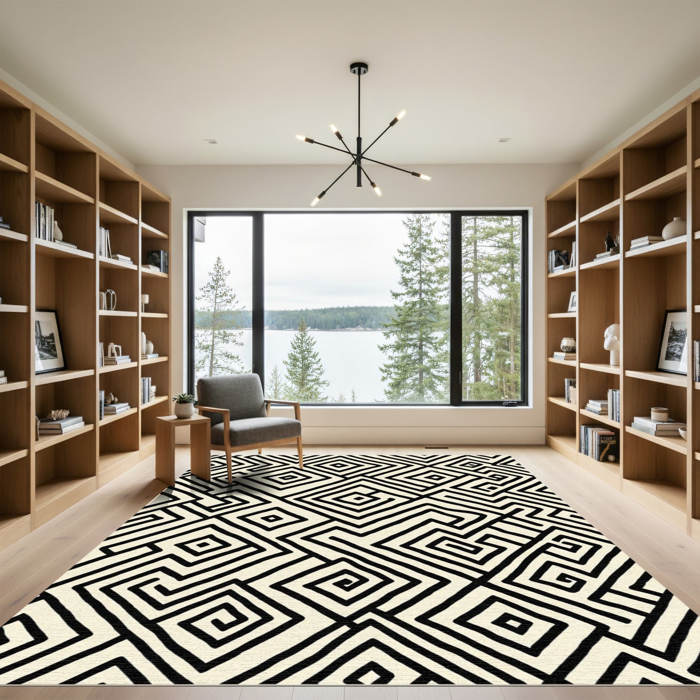 Black Cream Geometric Maze Rug