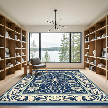 Navy Cream Floral Seahorse Garden Rug