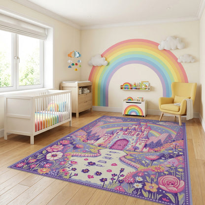Whimsical Purple Castle Rainbow Rug