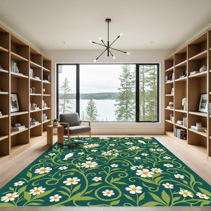 White Daisy Birds Verdant Vine Rug