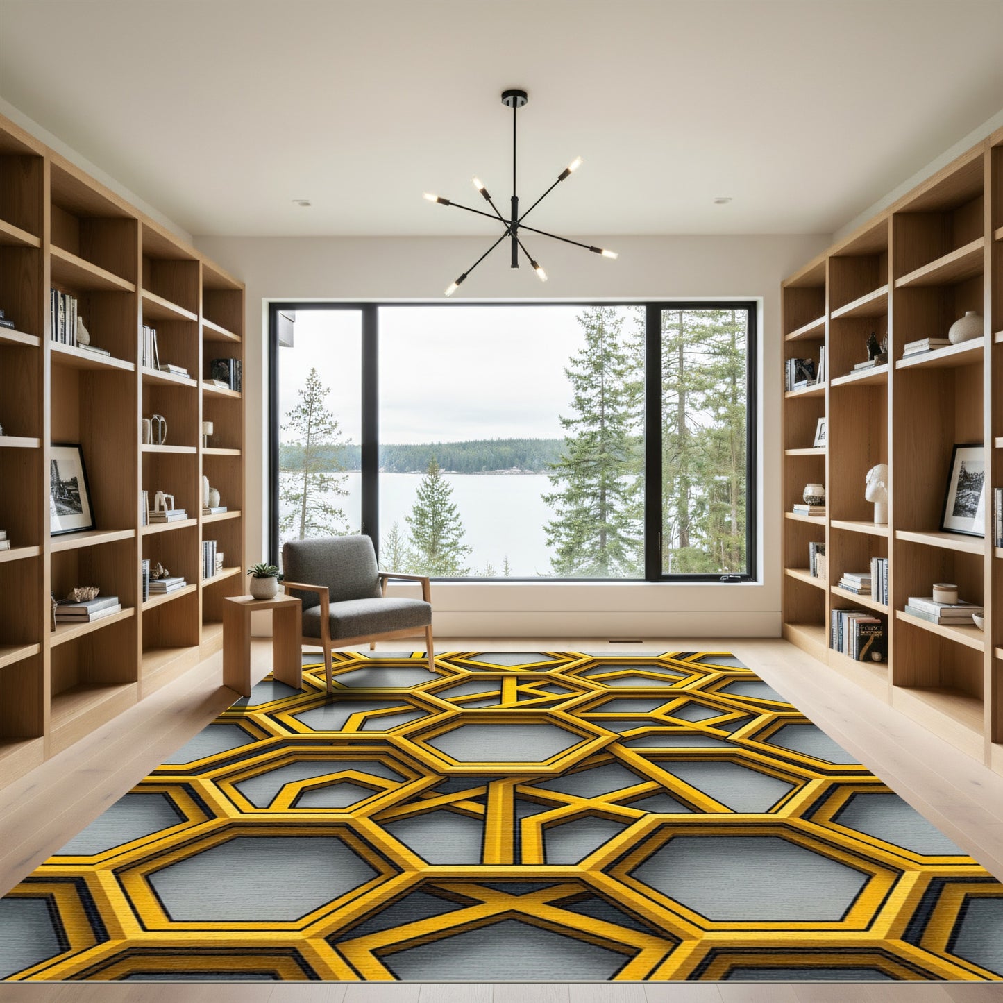 Modern Geometric Golden Hexagon Lattice Rug