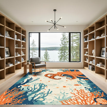 Orange Octopus Underwater Coral Scene Rug