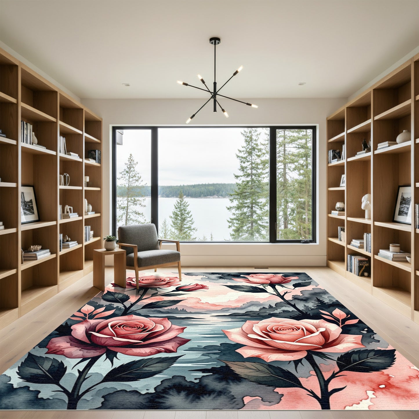 Watercolor Blush Rose Floral Landscape Rug