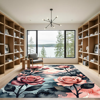 Watercolor Blush Rose Floral Landscape Rug
