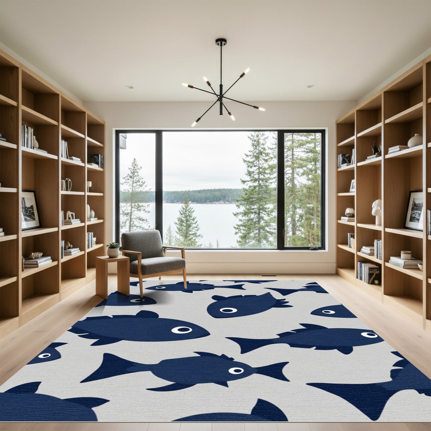Dark Blue School Fish Pattern Rug