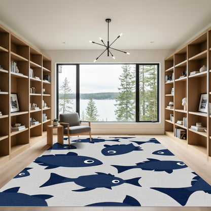 Dark Blue School Fish Pattern Rug