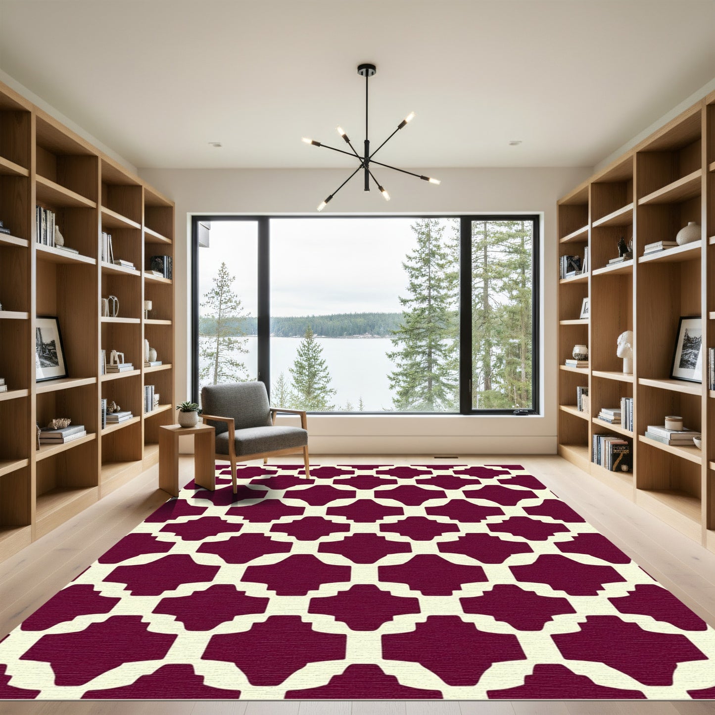 Crimson Lattice Trellis Geometric Rug