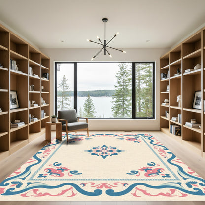 Coral Blue Floral Border Medallion Rug