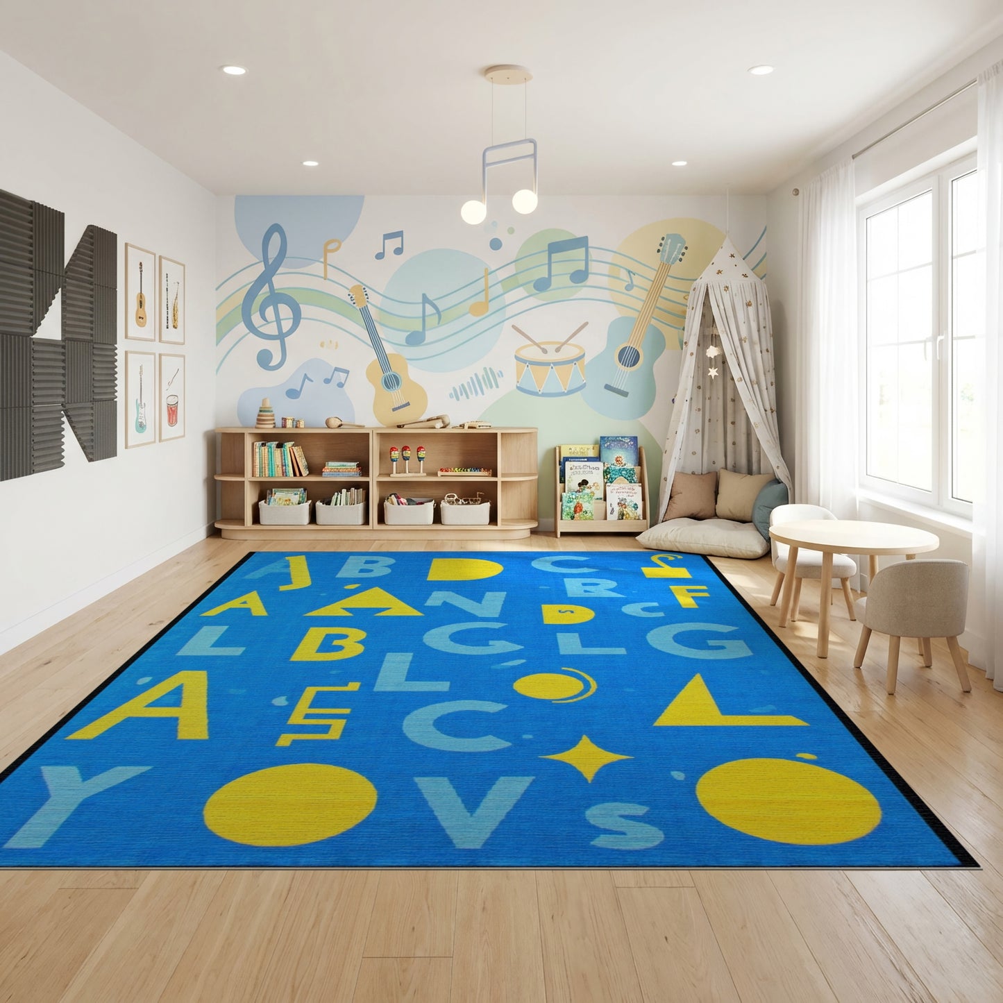 Playful Bold Yellow Alphabet Blue Rug