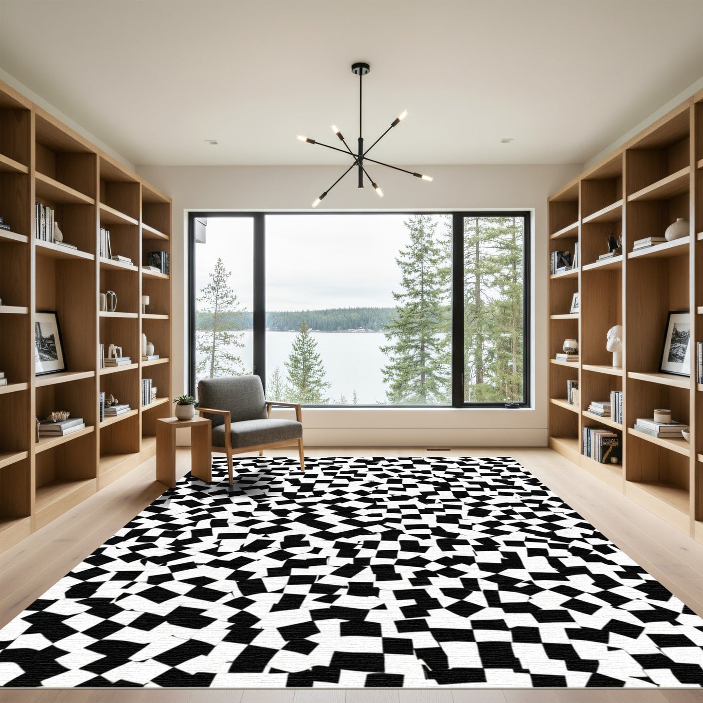 Distorted Black White Checkerboard Layout Rug