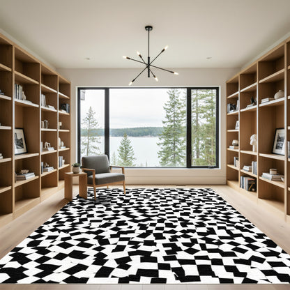 Distorted Black White Checkerboard Layout Rug