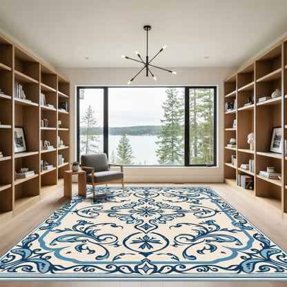 Blue and Cream Classic Floral Scroll Rug