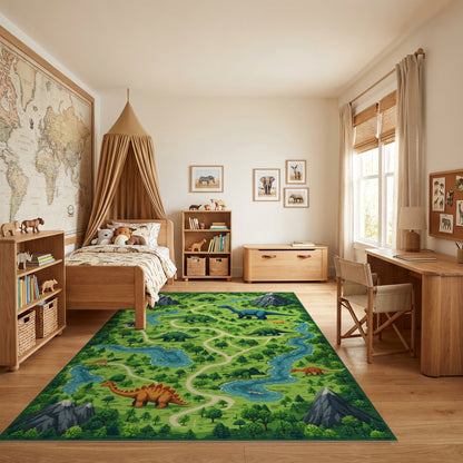 Whimsical Dinosaur Mountain Forest River Rug