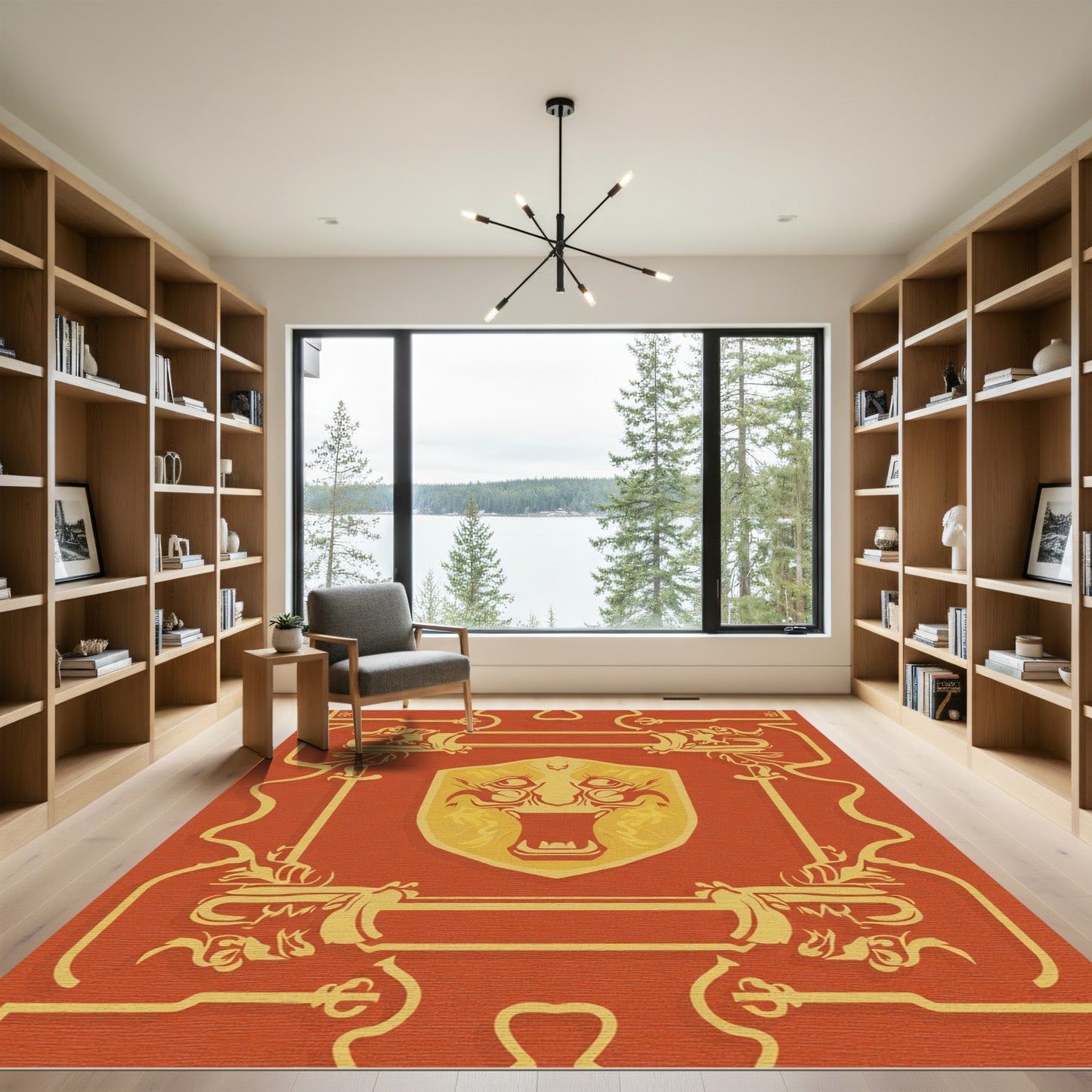 Golden Fierce Face Crimson Border Rug