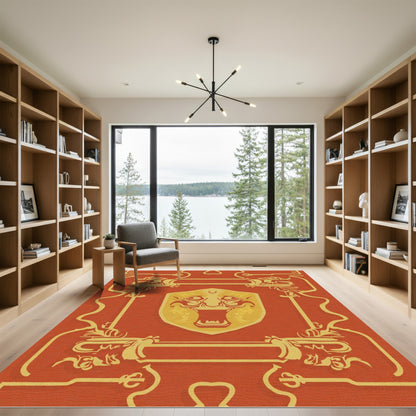 Golden Fierce Face Crimson Border Rug