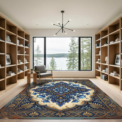 Ornate Indigo Floral Medallion Scroll Rug