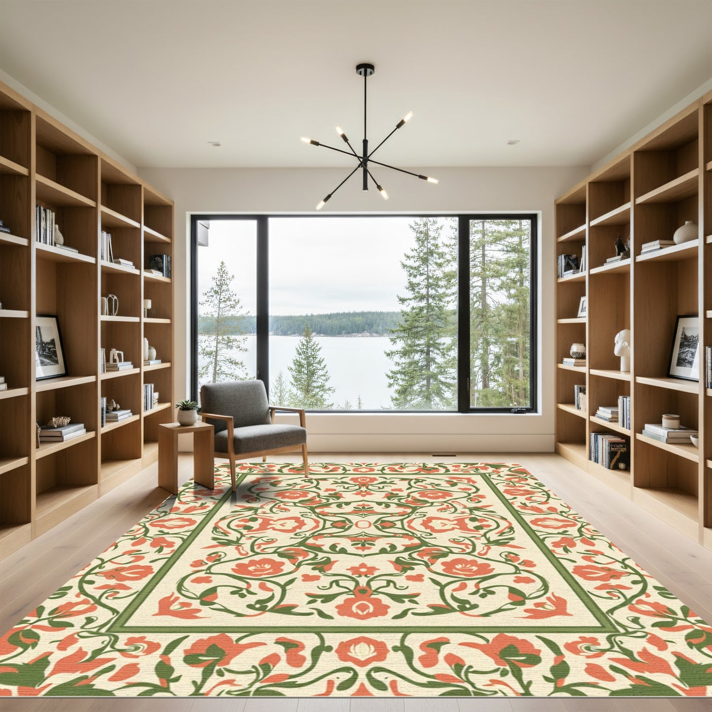 Coral Green Floral Medallion Accent Rug