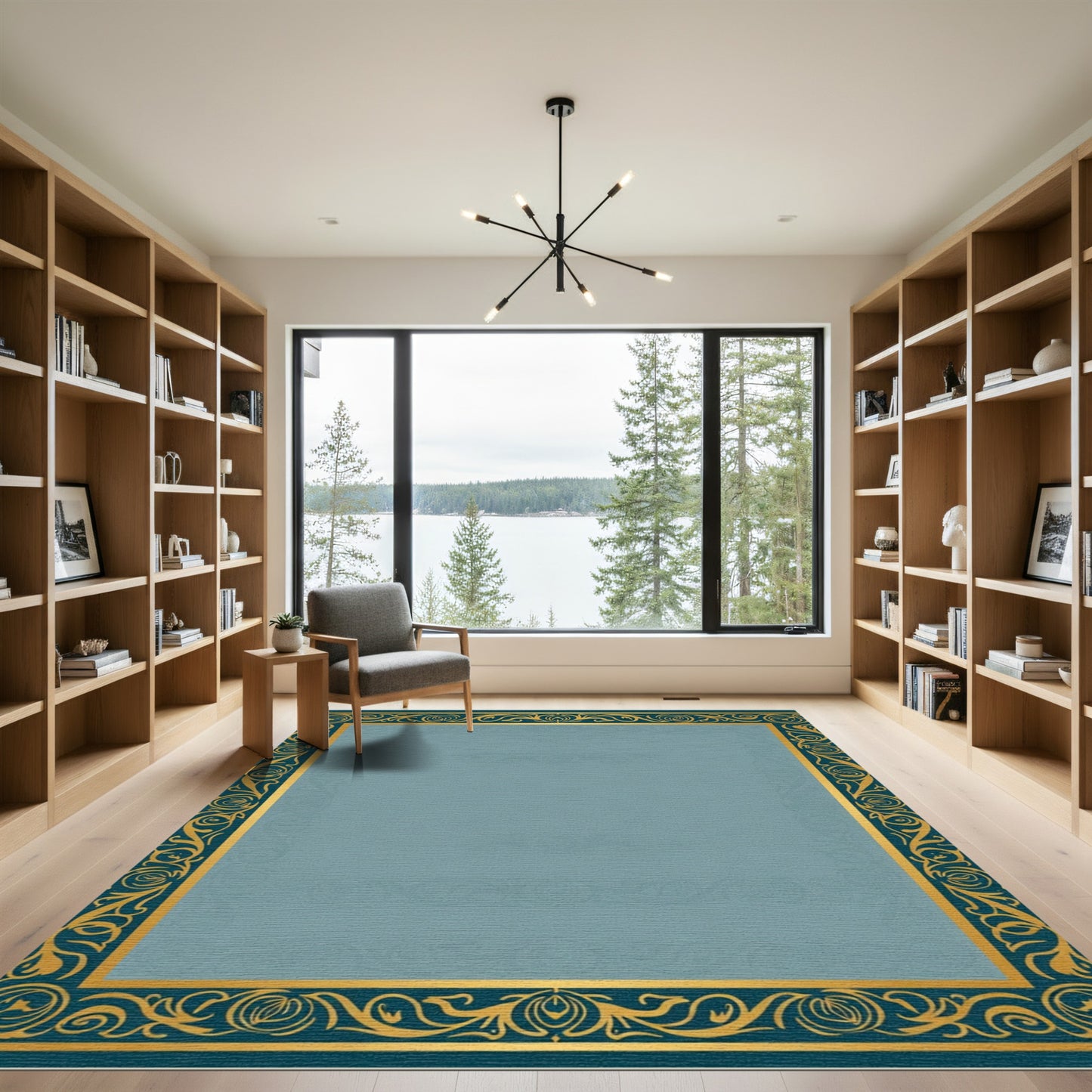 Teal Gold Ornate Bordered Rug