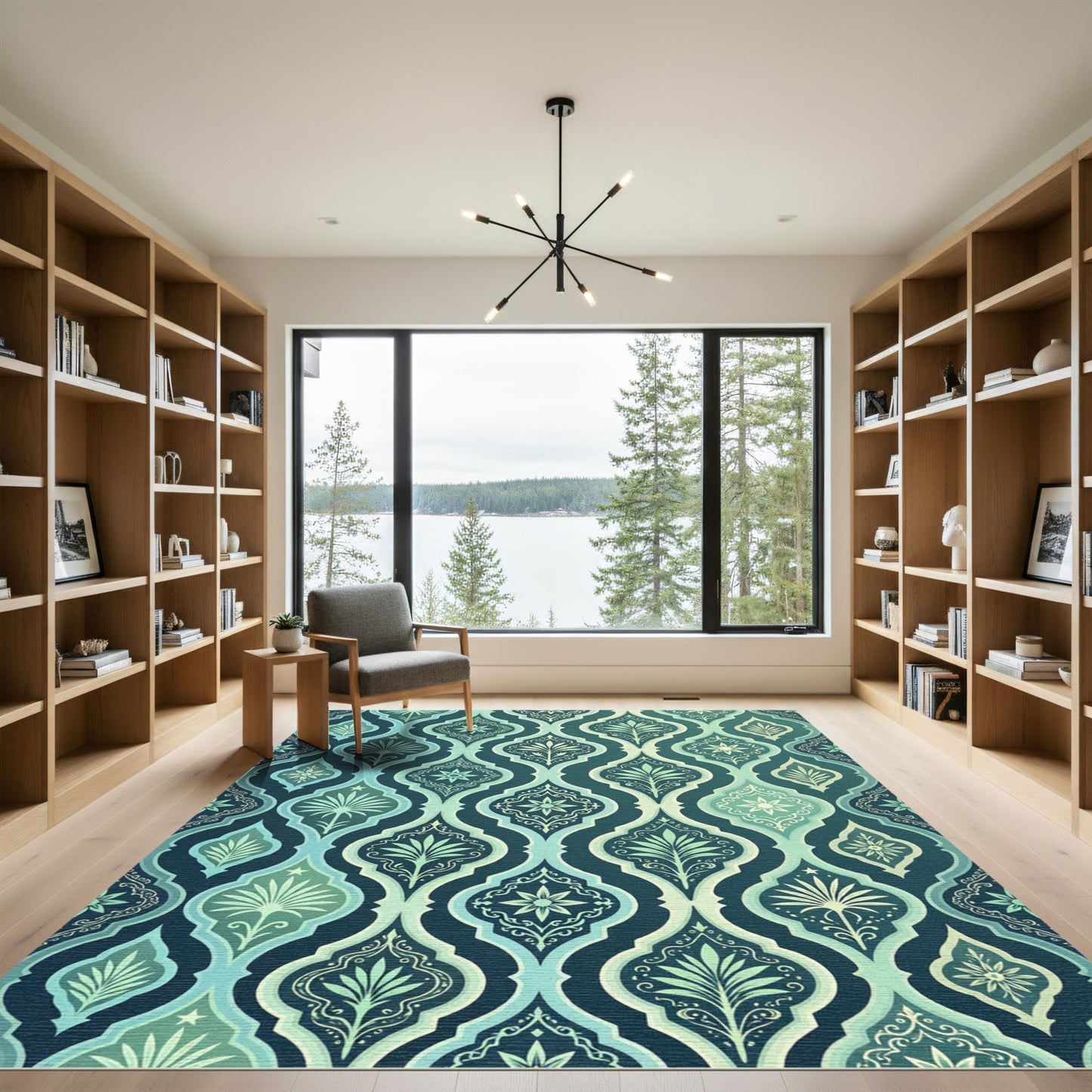 Elegant Teal Damask Ogee Botanical Tile Rug