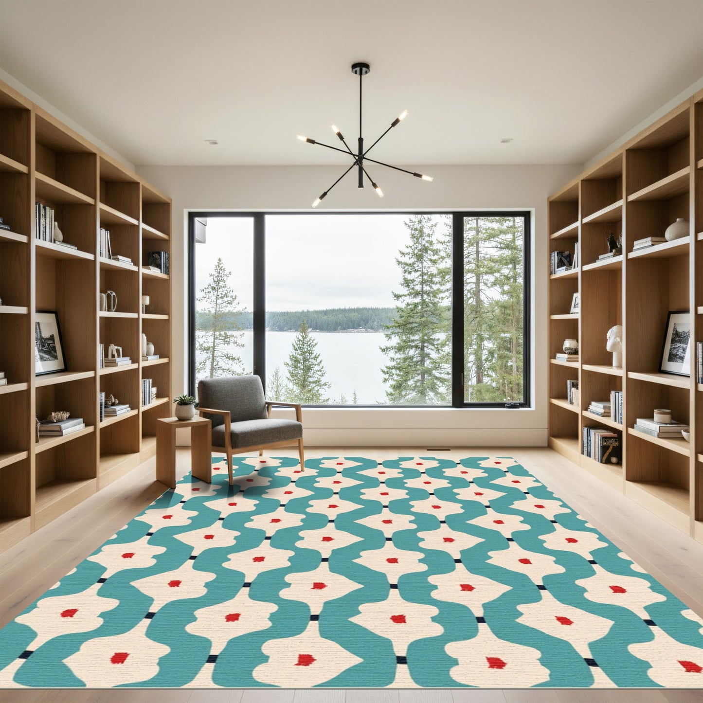 Teal Cream Red Abstract Floral Link Rug