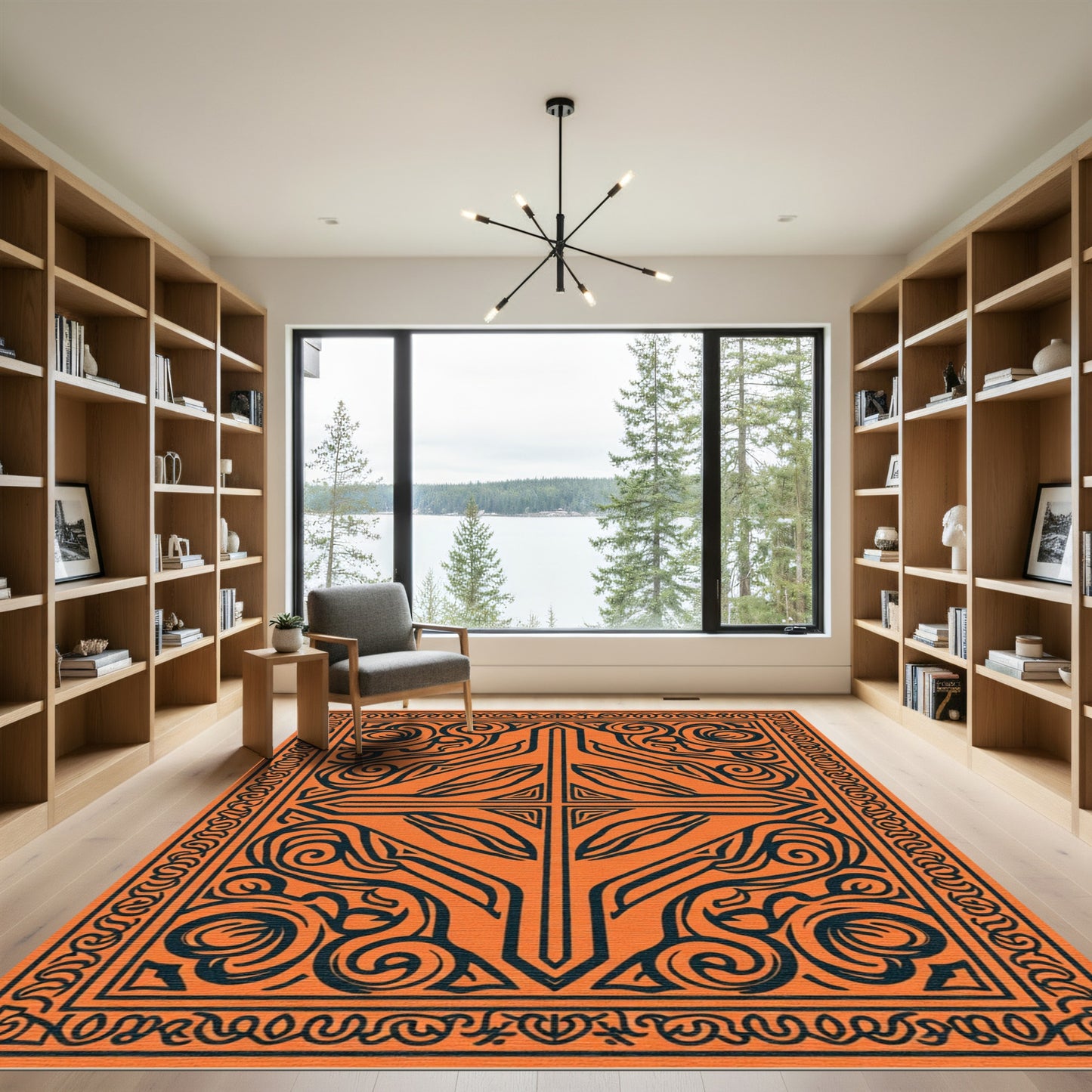 Orange Black Tribal Swirl Medallion Rug