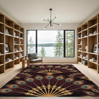 Elegant Golden Peacock Feather Fan Rug