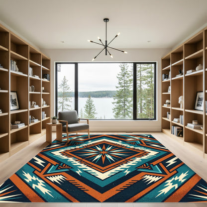 Teal and Burnt Orange Geometric Star Rug
