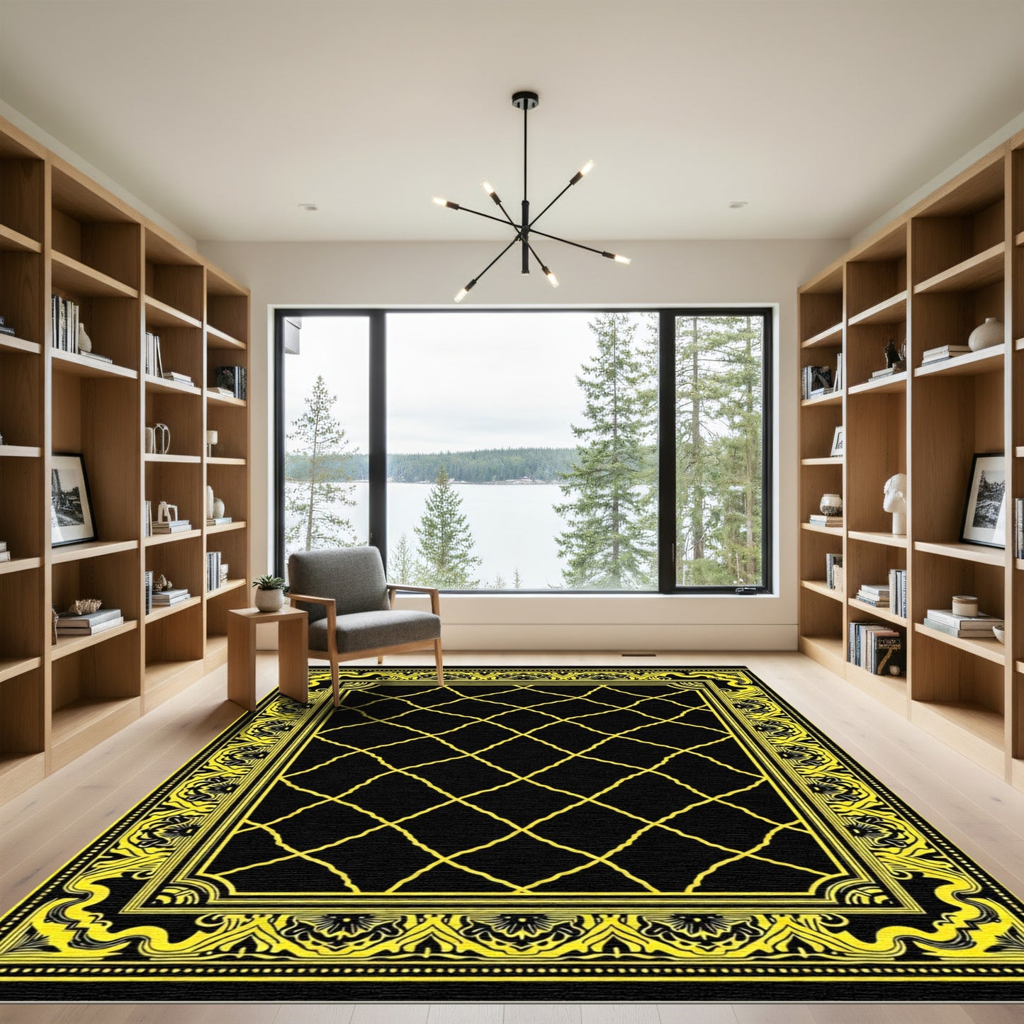 Black Yellow Ornate Lattice Border Rug