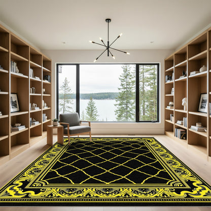 Black Yellow Ornate Lattice Border Rug
